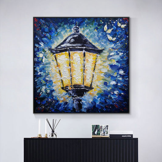 Abstract Blue Painting Street Lamp Light Oil Painting  Hand Painted On Canvas Decorative Wall Art,31inx31in,No Frame