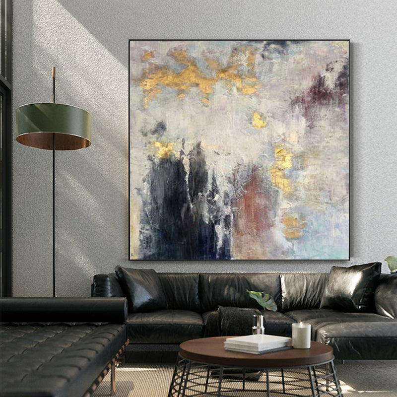 Pure Hand painted Oil Painting Nordic Abstract Gold Foil Decorative Painting Living Room Vertical Hanging Painting,31inx31in,No Frame