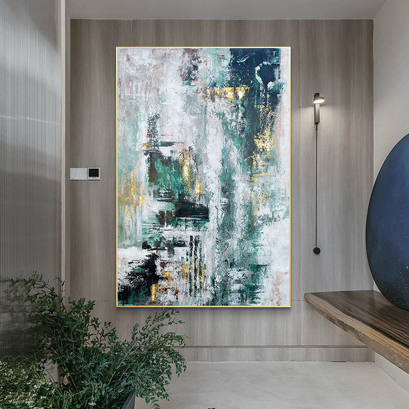 Pure Hand painted Oil Painting Dark Green Gold Foil Modern Minimalist Decorative Painting Living Room Bedroom,31inx47in,No Frame