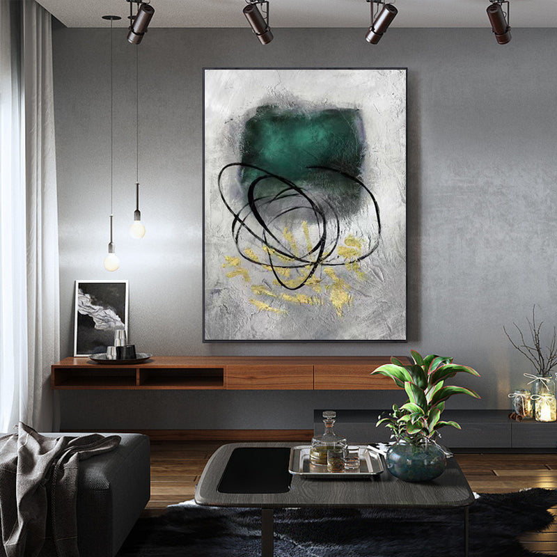 Creative Light Luxury Minimalist Line Decorative Painting Green Hand painted Oil Painting Living Room Bedroom Hanging,31inx47in,No Frame