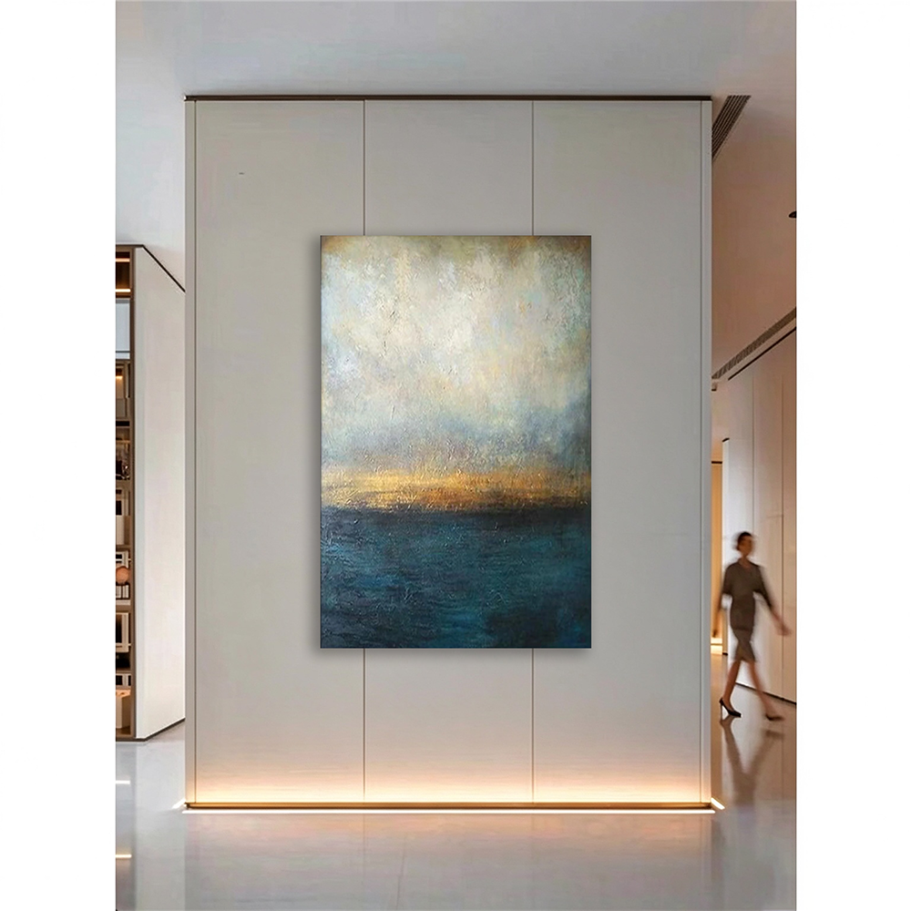 Original Abstract Blue Ocean Gold Sunset Canvas Wall Art Hand painted ...