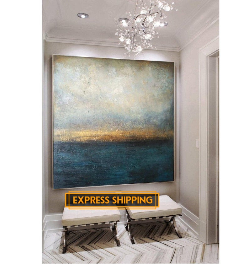 Large Oil Painting Canvas Art Sea Abstract Painting Blue Painting Gray Painting Sunset Painting Contemporary Art Home Decor31in,No Frame
