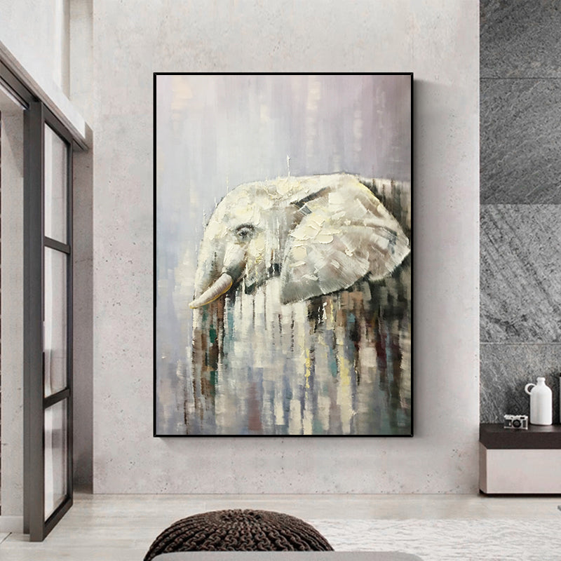 Hand Painted Oil Painting Elephant Black and White Gray Study Bedroom Painting Living Room Background Wall,31inx47in,No Frame
