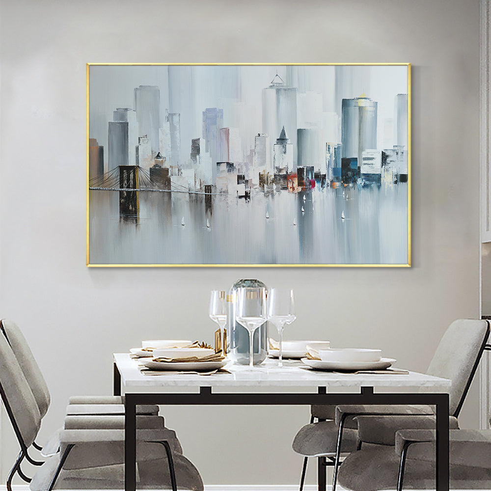 Abstract Big City Buildings By The River With Small Boats  Hand Painted Oil Painting,27inx54in,No Frame