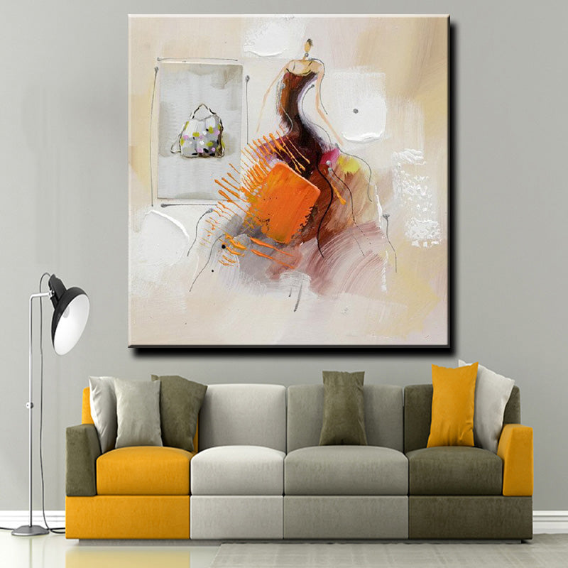 Abstract Textured Girl With Orange Skirt Oil Painting  Handpainted On Canvas Modern Wall Art,31inx31in,No Frame
