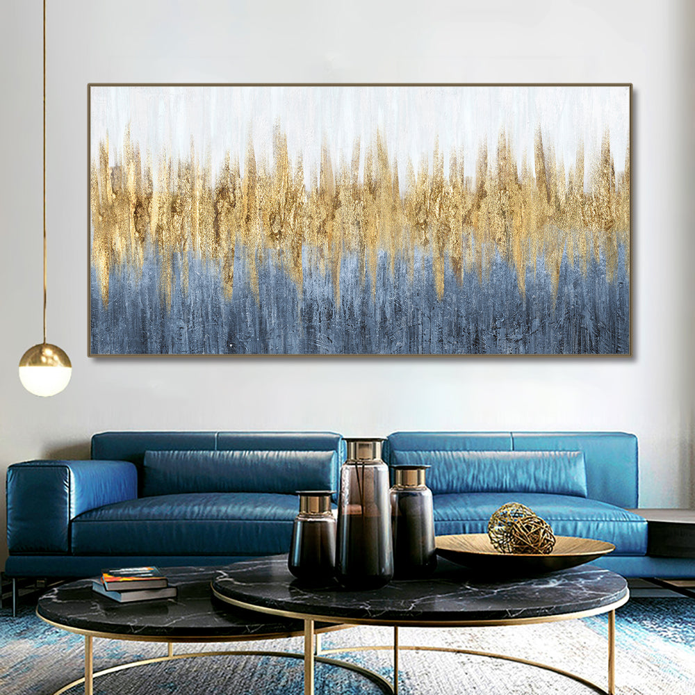 #530Hand Painted Abstract Landscape Blue Oil Painting Handmade Original Gold Foil Canvas Art Painting For Modern,27inx54in,No Frame