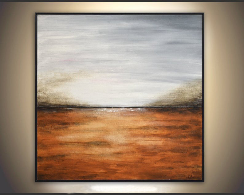 LandscapePaintingWallArtAbstractPaintingLargePaintingGrayBrownSeascapeHorizonAbstractArtOilPainting  31in,No Frame