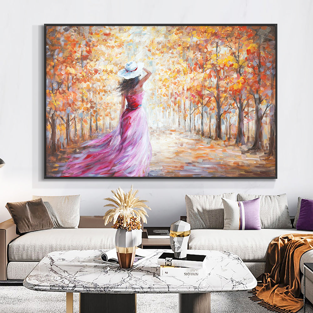 Abstract Girl Walking In The Grove Painting  Hand Painted Oil Painting On Canvas Handmade Wall,27inx54in,No Frame