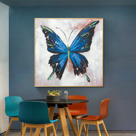 Abstract Handmade Blue Butterfly Oil Painting On Canvas Hand Painted Paintings Abstract Wall Art For Living Room,31inx31in,No Frame