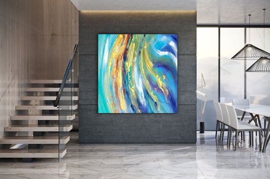 Extra Large Wall Art Blue Gold Abstract Painting On Canvas Contemporary Art Original Oversize Wall Painting Home Decor,31inx31in,No Frame