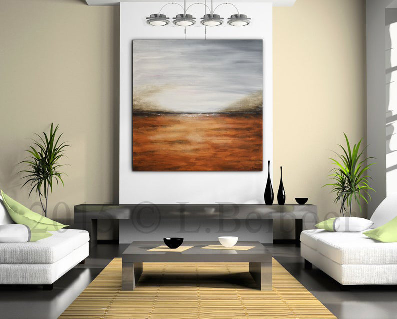 LandscapePaintingWallArtAbstractPaintingLargePaintingGrayBrownSeascapeHorizonAbstractArtOilPainting  31in,No Frame