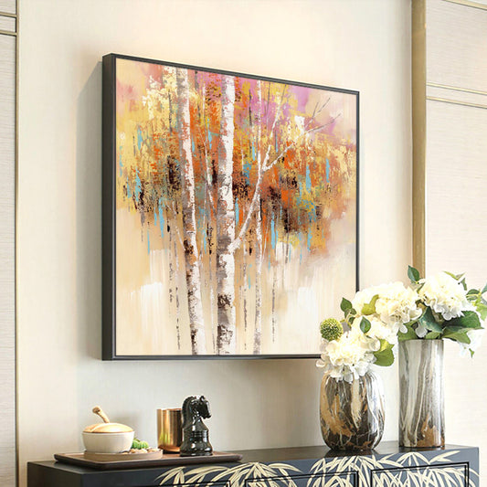 #200 Hand Painted Oil Painting On Canvas Abstract Birches Picture Handmade Wall Art Living Room Home,31inx31in,No Frame