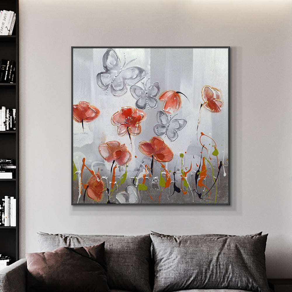 Abstract Flowers With Butterfly Painting On Canvas  Hand Painted Oil Painting Handmade Decorative Wall Art,31inx31in,No Frame