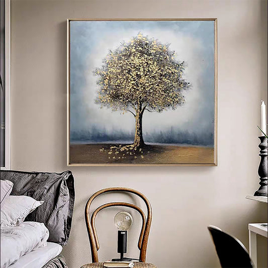 Yellow Tree Oil Paintings On Canvas Hand Painted Acrylic Wall Art Picture For Home Decor Living,31inx31in,No Frame