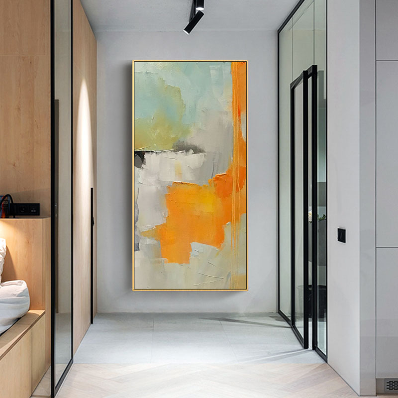 Orange Handmade Abstract Painting Canvas Art Textured Palette Knife Modern Wall Painting Hotel Restaurant Room Decor27inx54in,No Frame