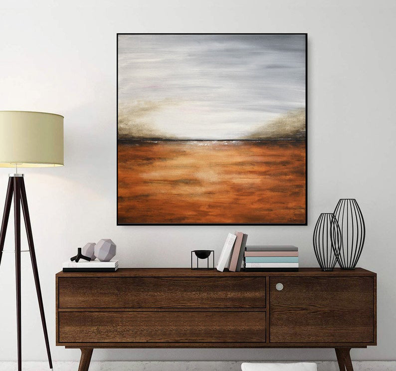 LandscapePaintingWallArtAbstractPaintingLargePaintingGrayBrownSeascapeHorizonAbstractArtOilPainting  31in,No Frame