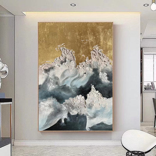 Pure Hand painted Oil Painting Living Room Decorative Painting Gold Foil American Light Luxury Thick Texture,31inx47in,No Frame