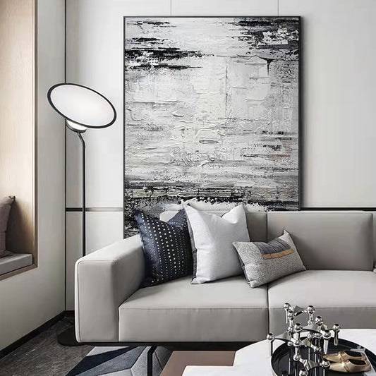 Hand painted Oil Painting Abstract Industrial Painting Vertical Thick Oil Mural Large Decorative Painting Black and,31inx47in,No Frame