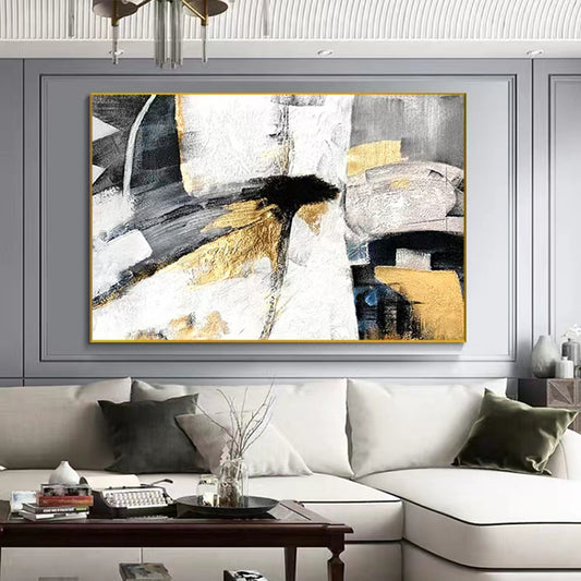Hand painted Oil Painting Large Size Mural Living Room Black and White Abstract Hanging Painting Gold ,31inx47in,No Frame