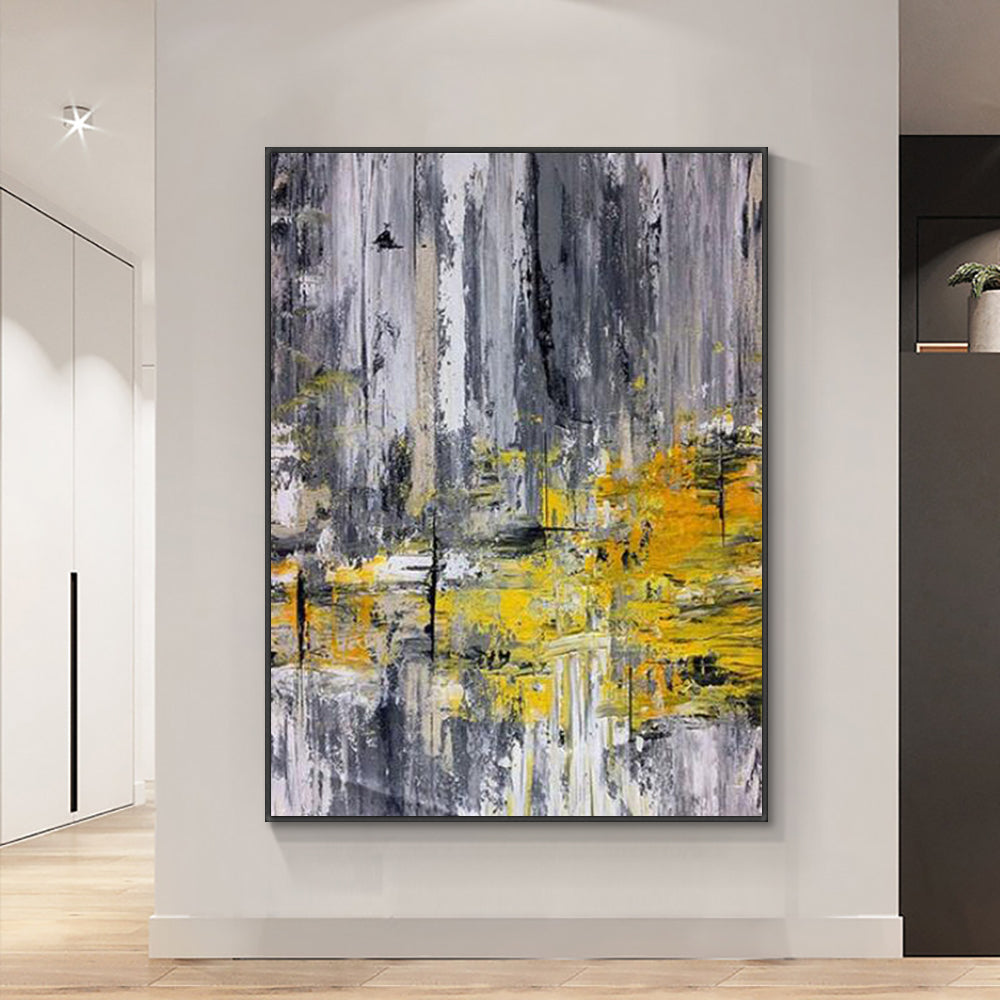 Abstract Gray With Yellow Painting  Hand Painted Oil Painting On Canvas Modern Handmade Wall  For Living Room,31inx47in,No Frame