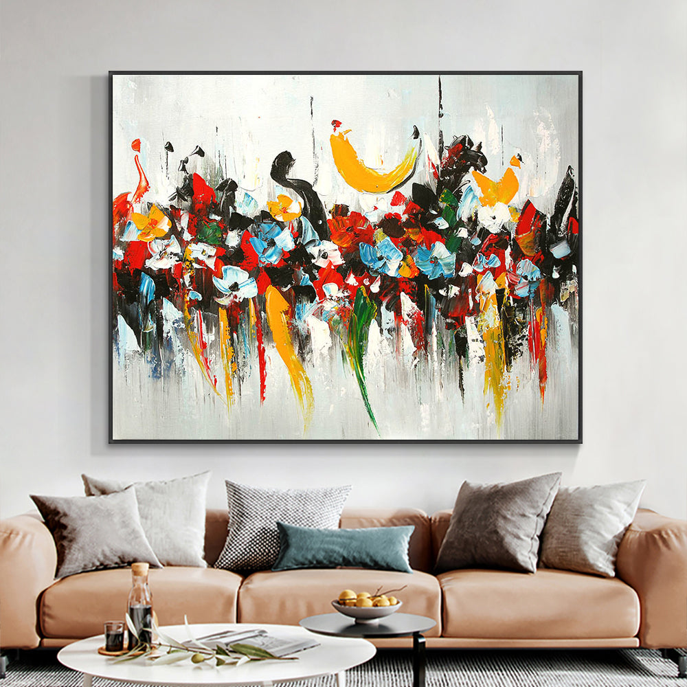 #440Abstract Colorful Flower Oil Painting  Hand Painted On Canvas Thick Palette Knife Painting Wall Art,27inx54in,No Frame