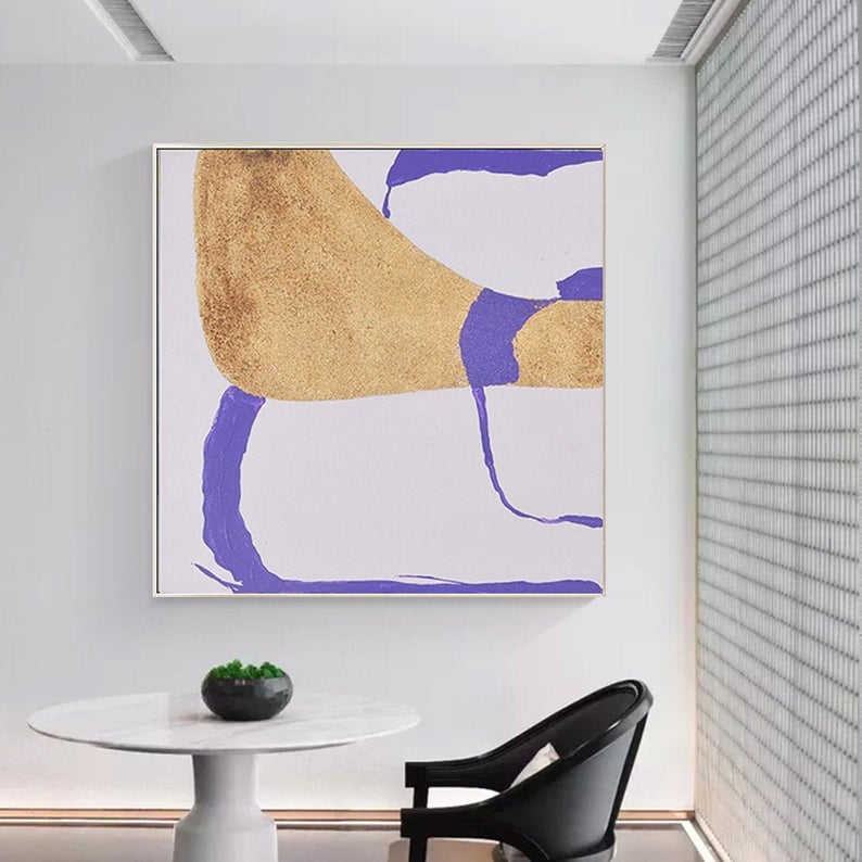 LargeAbstractPaintingOnCanvasGoldAcrylicPaintingPurpleSimpleGeometryArtContemporaryAbstractWallArt  31in,No Frame