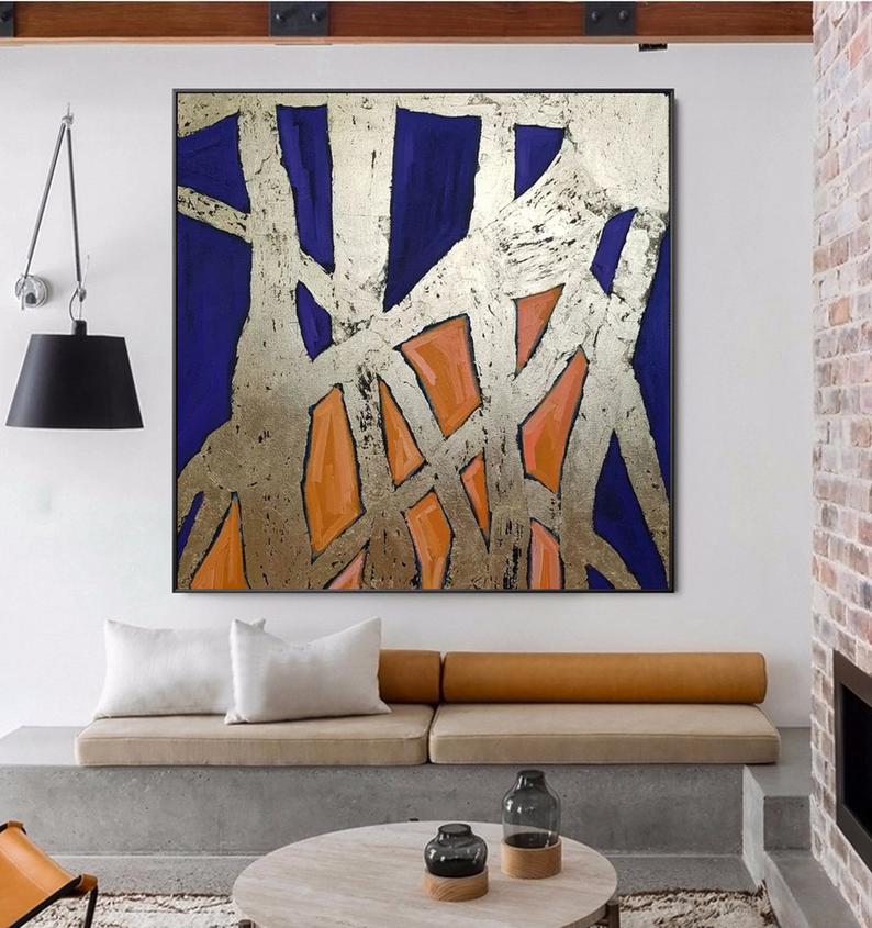 Gold Leaf Painting Blue Abstract Painting On Canvas Deep Blue Painting Beige Painting Yellow Abstract Canvas Oversize Wall Art31in,No Frame