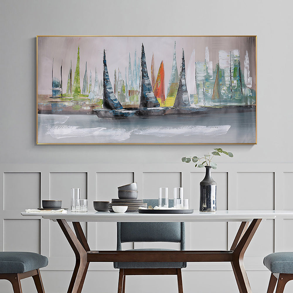 Handmade Abstract Colorful Sailing Boat Oil Painting Seascape Canvas Art Hand Painted Oil Painting,27inx54in,No Frame