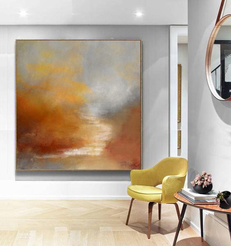 Sky Abstract Painting On Canvas Orange Painting Brown Abstract Painting Sunrise Landscape Painting Wall Art Office 31in,No Frame