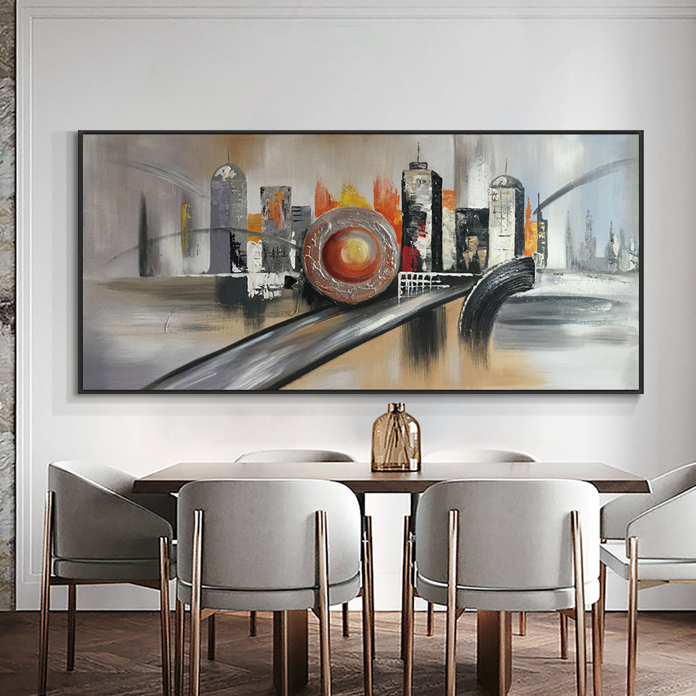 Abstract 3D Large City Building Painting  Hand Painted Oil Painting On Canvas Landscape Wall Art,27inx54in,No Frame