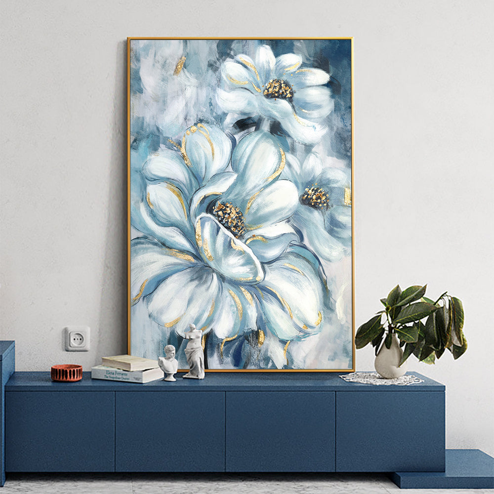 Handmade Abstract White Blue Flowers Oil Painting On Canvas Modern Plant Wall Art Pictures For Living Room,31inx47in,No Frame