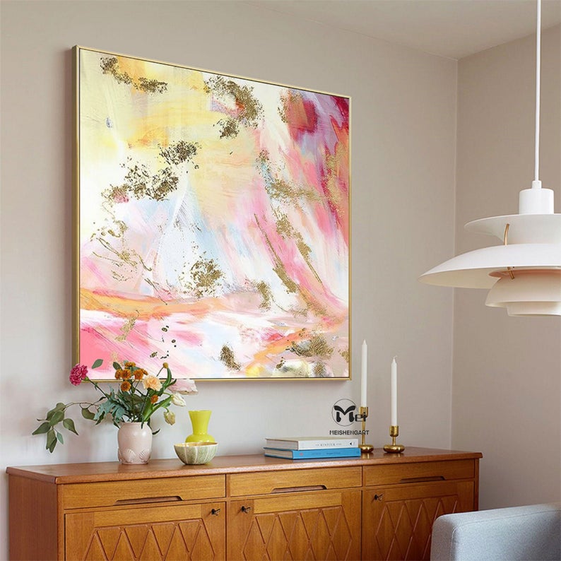 Large Pink Abstract Painting Pink Textured Painting Colorful Wall Paintings Gold Leaf Painting Blush Pink Wall Art Home Decor31in,No Frame