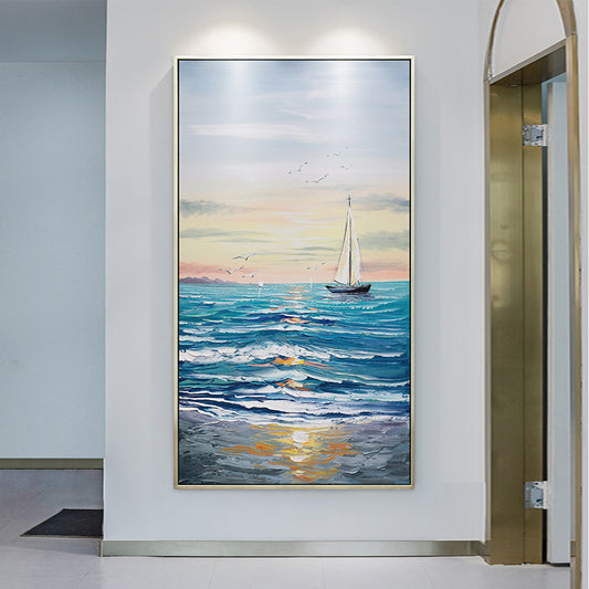 Thick Textured Canvas Art Oil Painting  Hand Painted Abstract Seascape Sailboat Pictures For Home Decoration,27inx54in,No Frame