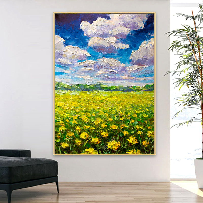 Hand Painted Wall Art Canvas Painting Landscape Picture Flowers Field Cloud Oil Painting Abstract Home For Living Room,31inx47in,No Frame