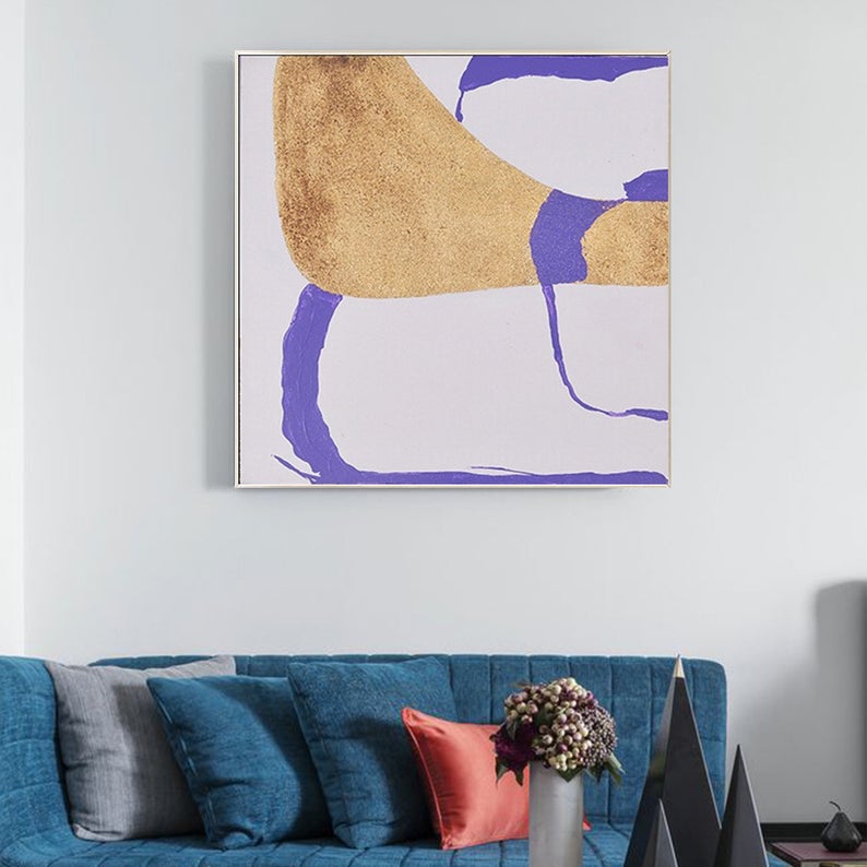 LargeAbstractPaintingOnCanvasGoldAcrylicPaintingPurpleSimpleGeometryArtContemporaryAbstractWallArt  31in,No Frame