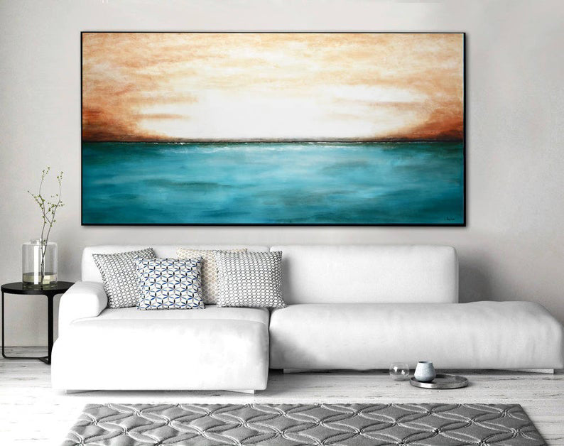 Landscape Painting Canvas Art Large  Wall Art Abstract Ocean Painting Landscape Art Blue Gray Seascape Oil Painting Artwork 27inx54in,No Frame