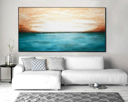Landscape Painting Canvas Art Large  Wall Art Abstract Ocean Painting Landscape Art Blue Gray Seascape Oil Painting Artwork 27inx54in,No Frame