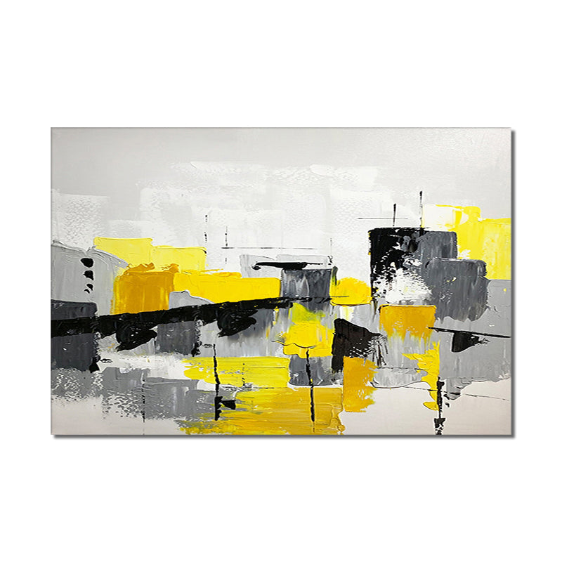 Abstract Geometric Painting  Hand Painted Oil Painting On Canvas Modern Yellow Gray Blue Wall Art,31inx47in,No Frame