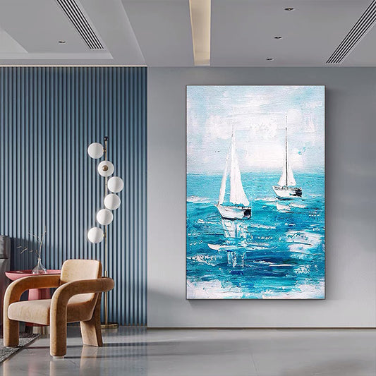 Pure Hand painted Oil Painting Sailboat Decorative Painting Modern Dining Room Background Wall Senior Hanging Painting,31inx47in,No Frame