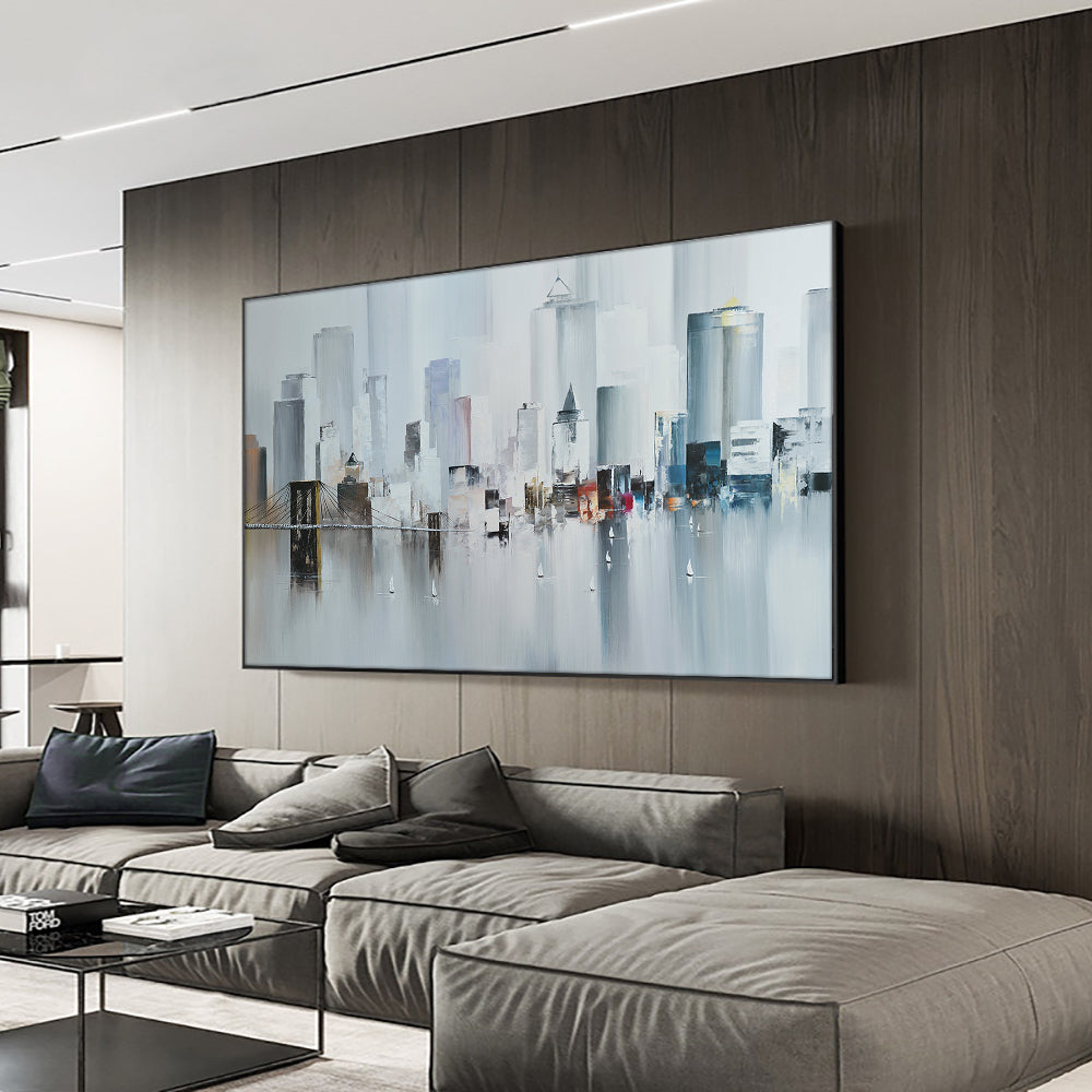 Abstract Big City Buildings By The River With Small Boats  Hand Painted Oil Painting,27inx54in,No Frame