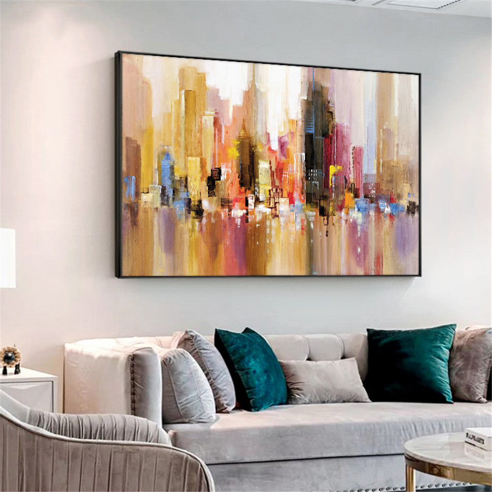 Abstract Building Painting Handmade Oil Painting On Canvas Hand Painted Modern Wall Art Pictures For Living Room,27inx54in,No Frame