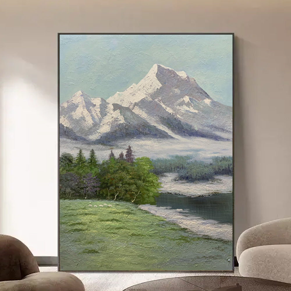 Mountain Scenery Oil Painting Hand Painted Wall Art Tree Pictures   On Canvas,31inx47in,No Frame
