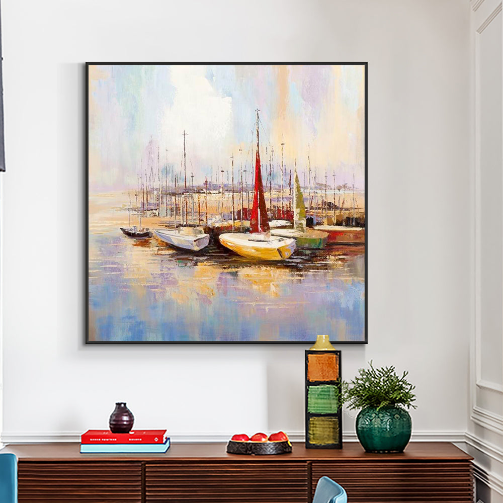 50Abstract Colorful Textured Boat On The River Oil Painting  Hand Painted On Canvas Modern Canvas,31inx31in,No Frame