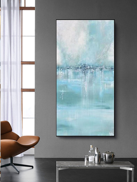 Handmade Blue Sky Canvas Painting Modern Ocean Seascape Artwork Oil Painting Art Decoration mural,27inx54in,No Frame
