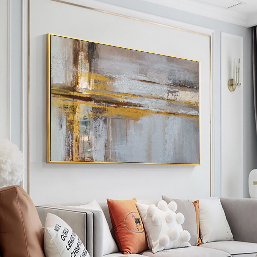 Abstract Geometric Oil Painting With Gold Foils On Canvas  Hand Painted Modern Wall Art Pictures For Living Room,31inx47in,No Frame
