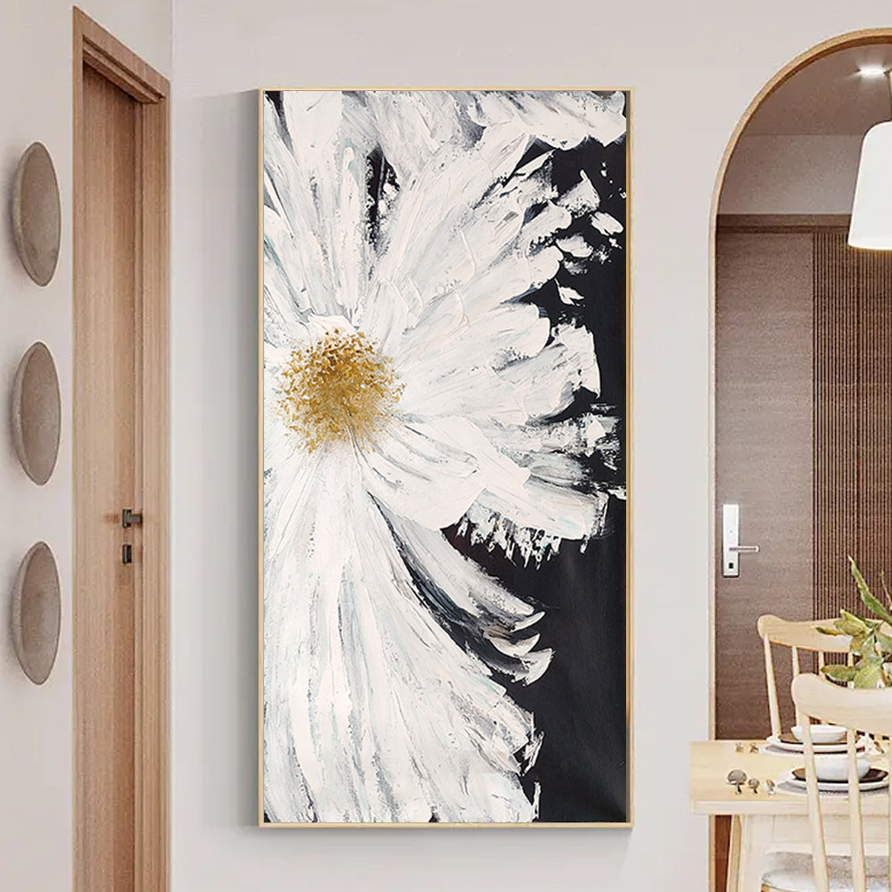 Handmade White Flower Picture Wall Art Paintings Handpainted Oil Painting Daisy On Canvas Modern Home,27inx54in,No Frame