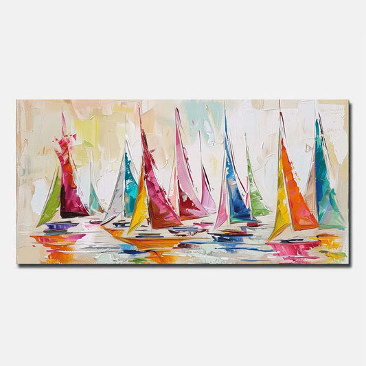 Hand Painted Oil Painting On Canvas Abstract Wall Art Sailing boat Red  Unframed/Rolled