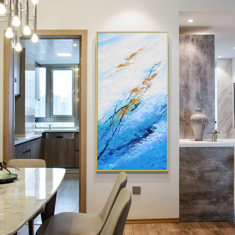 Modern Minimalist Hand-Painted Abstract Oil Painting of Blue Sea Entrance Living Room Dining Room Vertical Version of the Murals27inx54in,No Frame