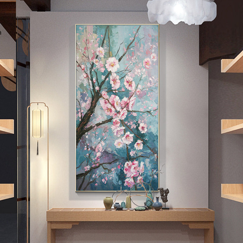 New Chinese Peach hand-painted Oil Paintings Entrance Vertical Version Tearoom Study Single Living Room Restaurant Decorative Pa27inx54in,No Frame