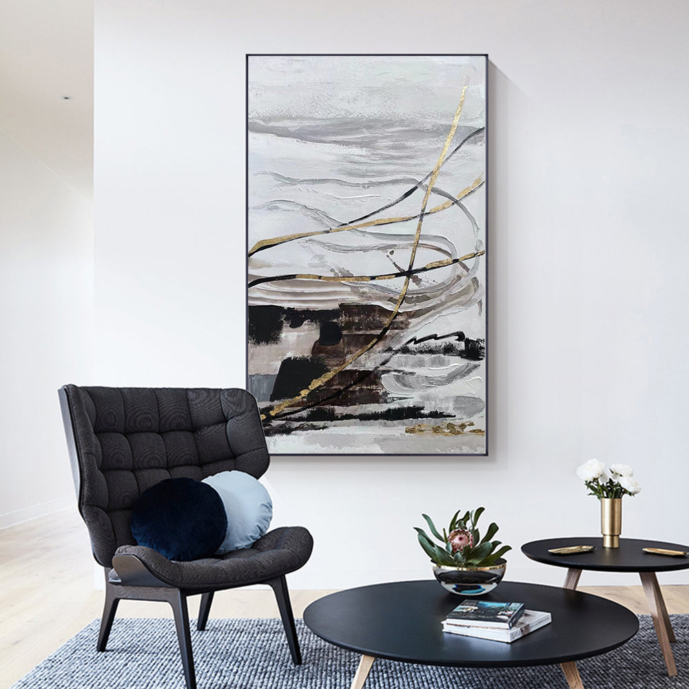 Abstract Gray Black Oil Painting With Gold Foils  Hand Painted On Canvas Modern Handmade Wall,27inx54in,No Frame